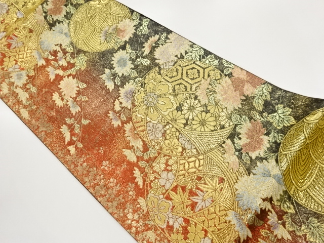 JAPANESE KIMONO / FUKURO OBI / SILK / WOVEN MARI BALL & FLORAL PLANTS